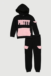 Little Girls Pretty Sherpa Patch Graphic Hoodie and Joggers