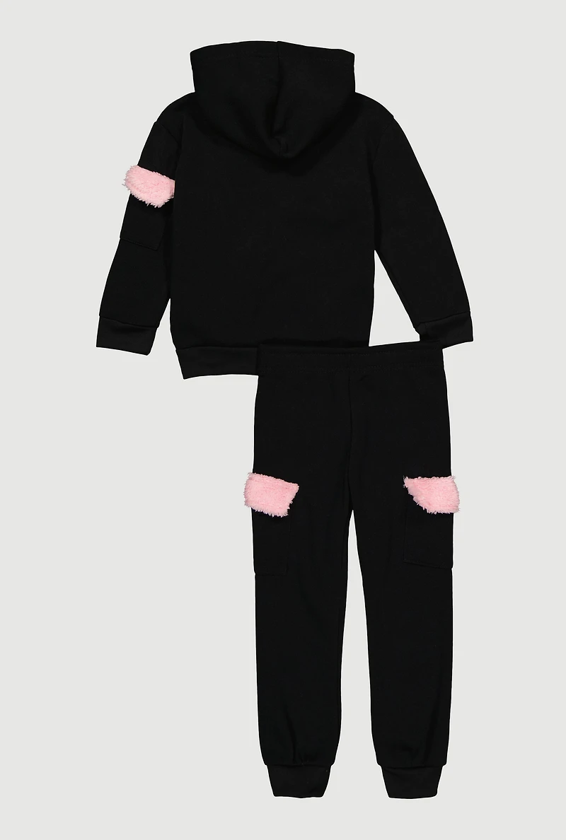 Little Girls Pretty Sherpa Patch Graphic Hoodie and Joggers