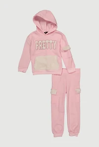 Little Girls Pretty Sherpa Patch Graphic Hoodie and Joggers, Pink, Size 4