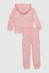 Little Girls Pretty Sherpa Patch Graphic Hoodie and Joggers, Pink, Size 4