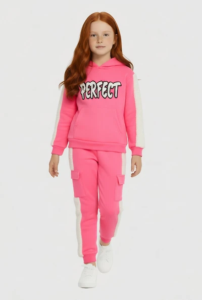 Little Girls Perfect Graphic Chenille Trim Hoodie and Joggers, Pink, Size 4
