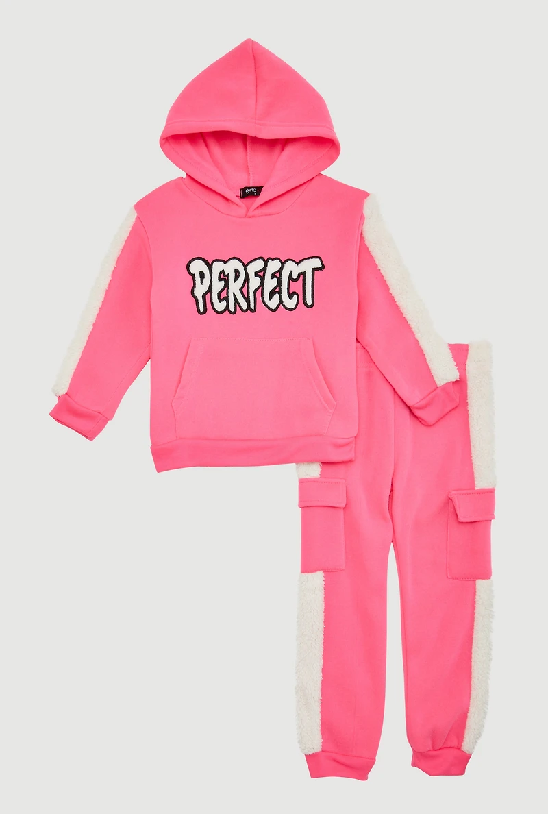 Little Girls Perfect Graphic Chenille Trim Hoodie and Joggers, Pink, Size 5-6