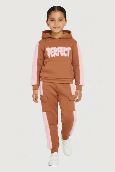 Little Girls Perfect Graphic Chenille Trim Hoodie and Joggers, Brown, Size 4