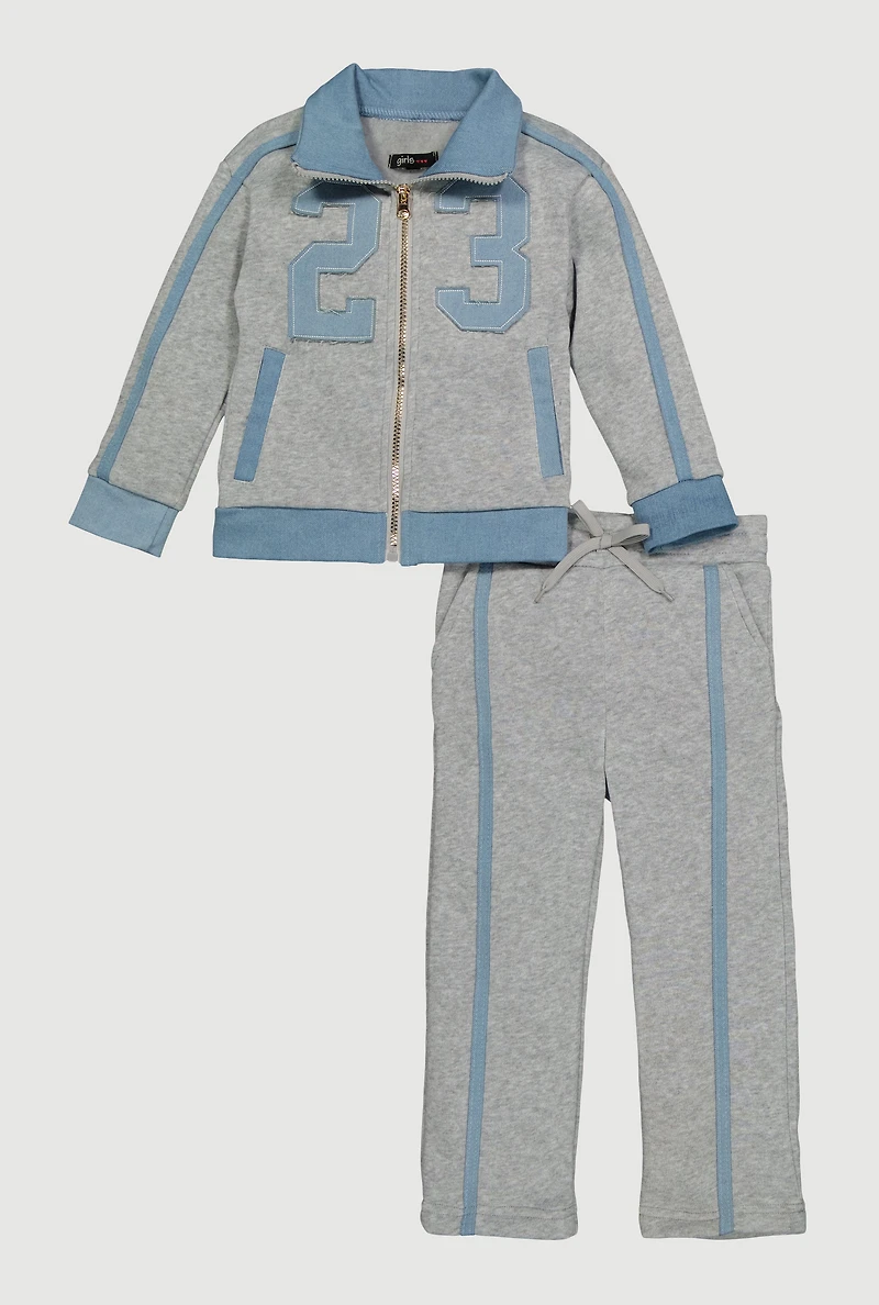 Little Girls Denim 23 Patch Graphic Sweatshirt and Sweatpants, Grey, Size 6X
