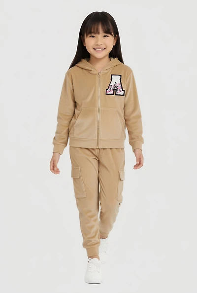 Little Girls Initial A Chenille Patch Velour Hoodie and Cargo Joggers, Beige, Size 5-6