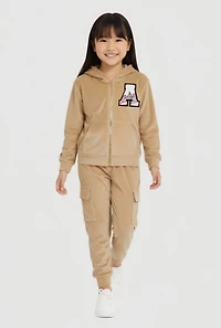Little Girls Initial A Chenille Patch Velour Hoodie and Cargo Joggers