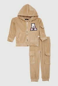 Little Girls Initial A Chenille Patch Velour Hoodie and Cargo Joggers, Beige, Size 5-6