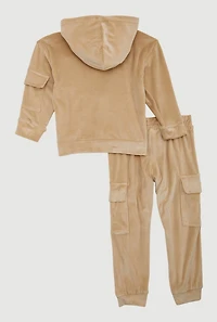 Little Girls Initial A Chenille Patch Velour Hoodie and Cargo Joggers, Beige, Size 5-6