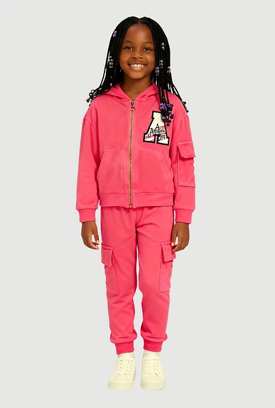 Little Girls Initial A Chenille Patch Velour Hoodie and Cargo Joggers, Pink, Size 4