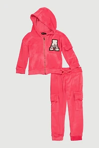 Little Girls Initial A Chenille Patch Velour Hoodie and Cargo Joggers, Pink, Size 4