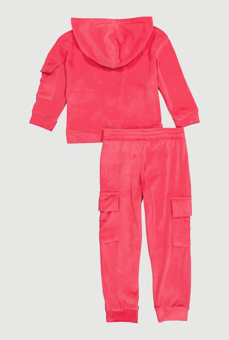 Little Girls Initial A Chenille Patch Velour Hoodie and Cargo Joggers, Pink, Size 4