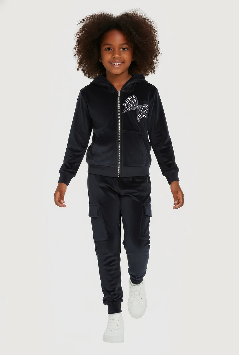 Little Girls Rhinestone Bow Detail Velour Hoodie and Cargo Joggers