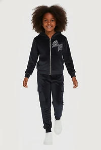 Little Girls Rhinestone Bow Detail Velour Hoodie and Cargo Joggers