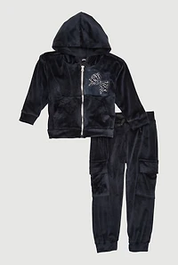 Little Girls Rhinestone Bow Detail Velour Hoodie and Cargo Joggers, 6X