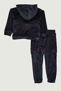 Little Girls Rhinestone Bow Detail Velour Hoodie and Cargo Joggers, 6X