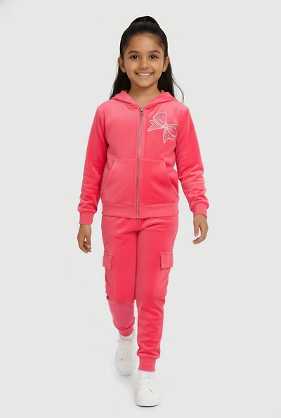 Little Girls Rhinestone Bow Detail Velour Hoodie and Cargo Joggers