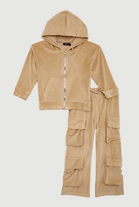 Little Girls Velour Hooded Sweatshirt and Straight Leg Cargo Pants, Beige, Size 6X