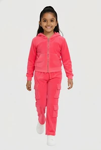 Little Girls Velour Hooded Sweatshirt and Straight Leg Cargo Pants