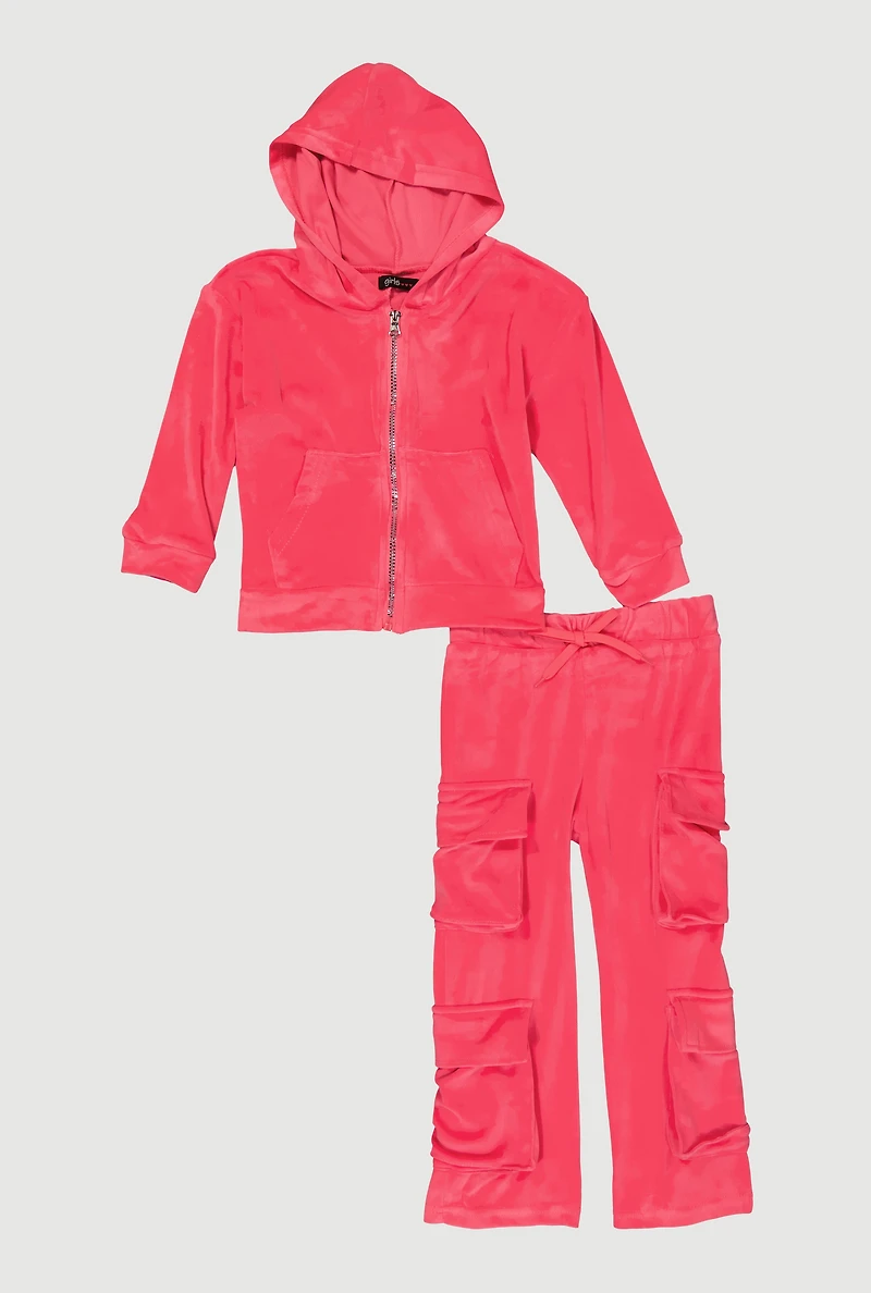 Little Girls Velour Hooded Sweatshirt and Straight Leg Cargo Pants