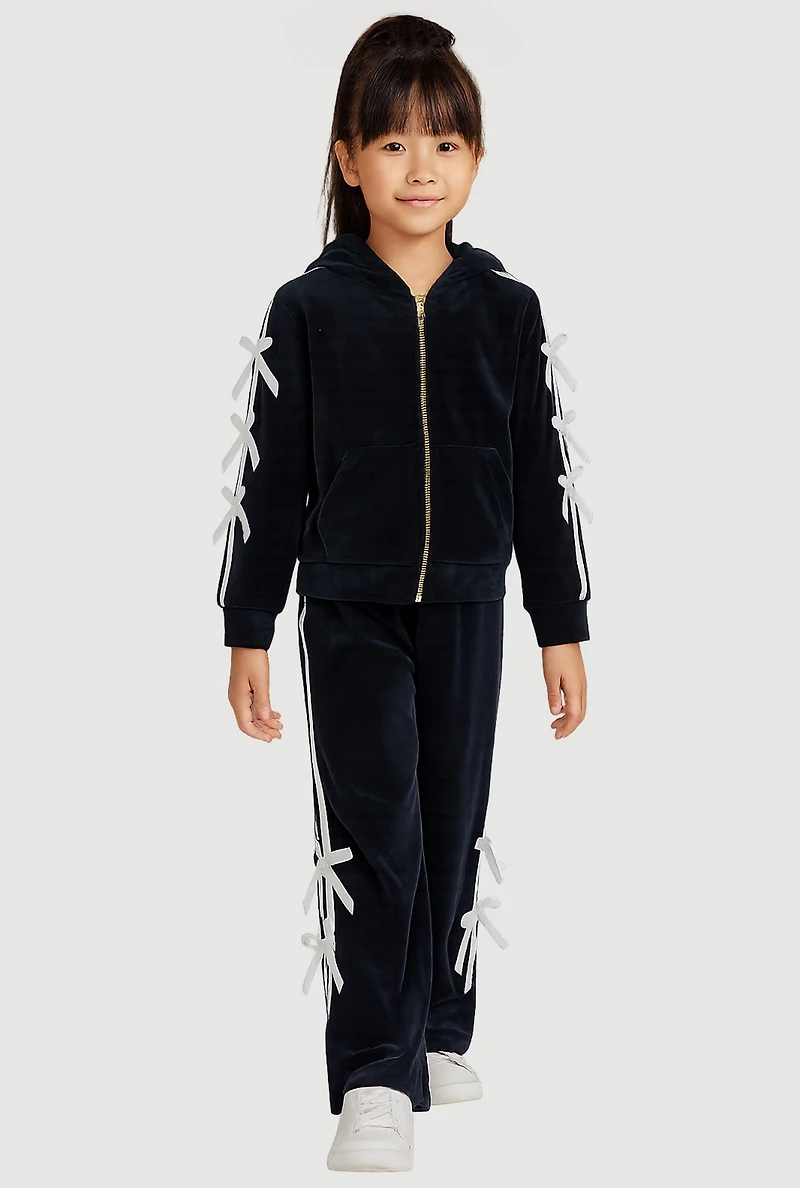 Little Girls Velour Bow Varsity Stripe Hoodie and Sweatpants,