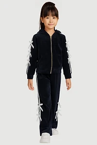 Little Girls Velour Bow Varsity Stripe Hoodie and Sweatpants