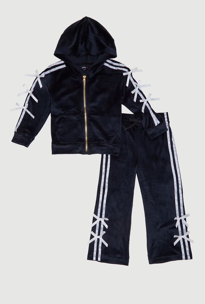 Little Girls Velour Bow Varsity Stripe Hoodie and Sweatpants,