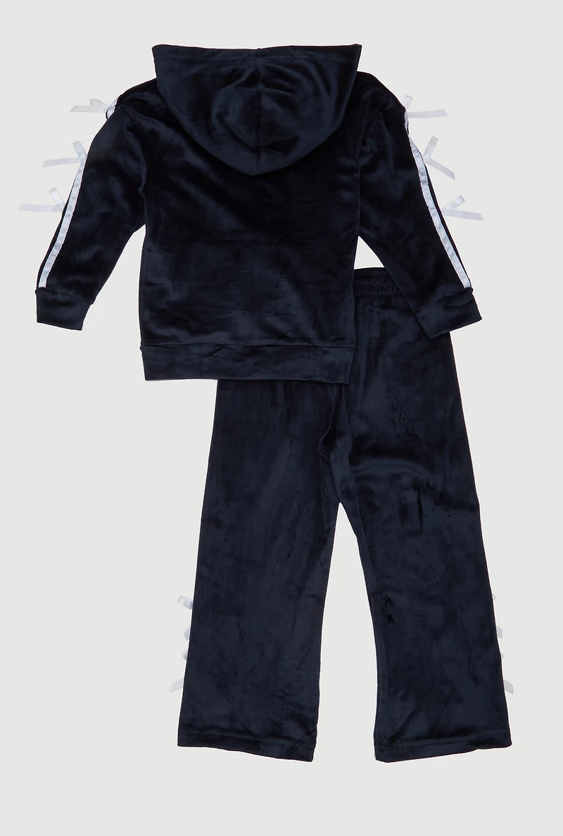 Little Girls Velour Bow Varsity Stripe Hoodie and Sweatpants,