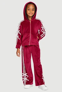 Little Girls Velour Bow Varsity Stripe Hoodie and Sweatpants, Burgundy, Size 5-6