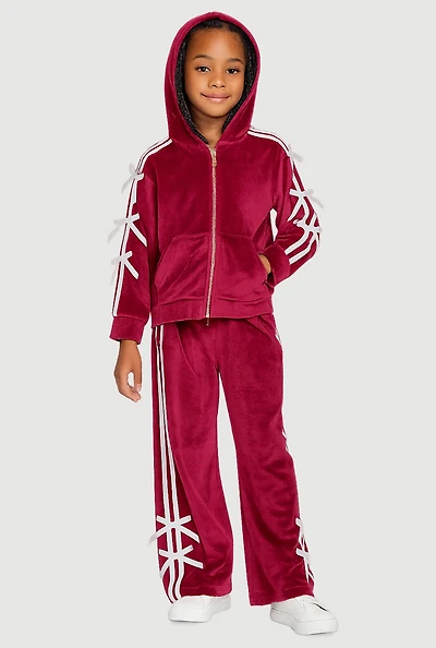 Little Girls Velour Bow Varsity Stripe Hoodie and Sweatpants, Burgundy,
