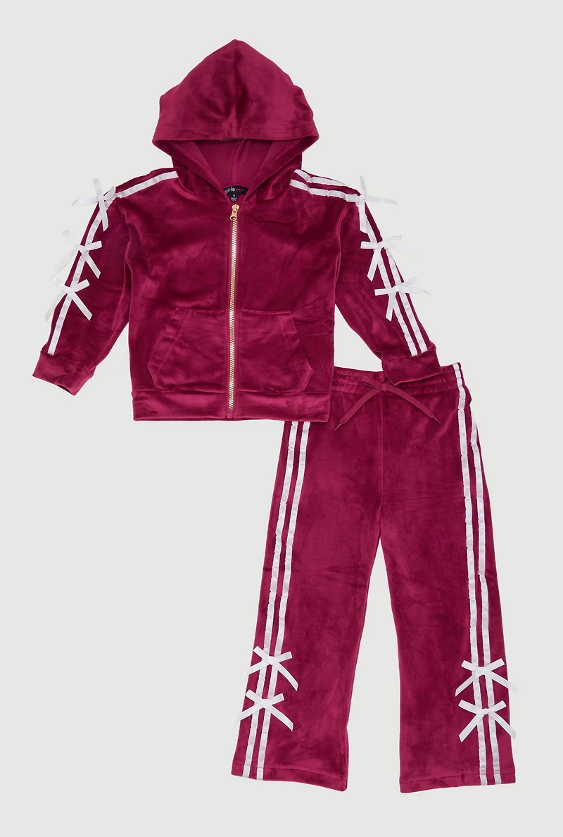 Little Girls Velour Bow Varsity Stripe Hoodie and Sweatpants, Burgundy,