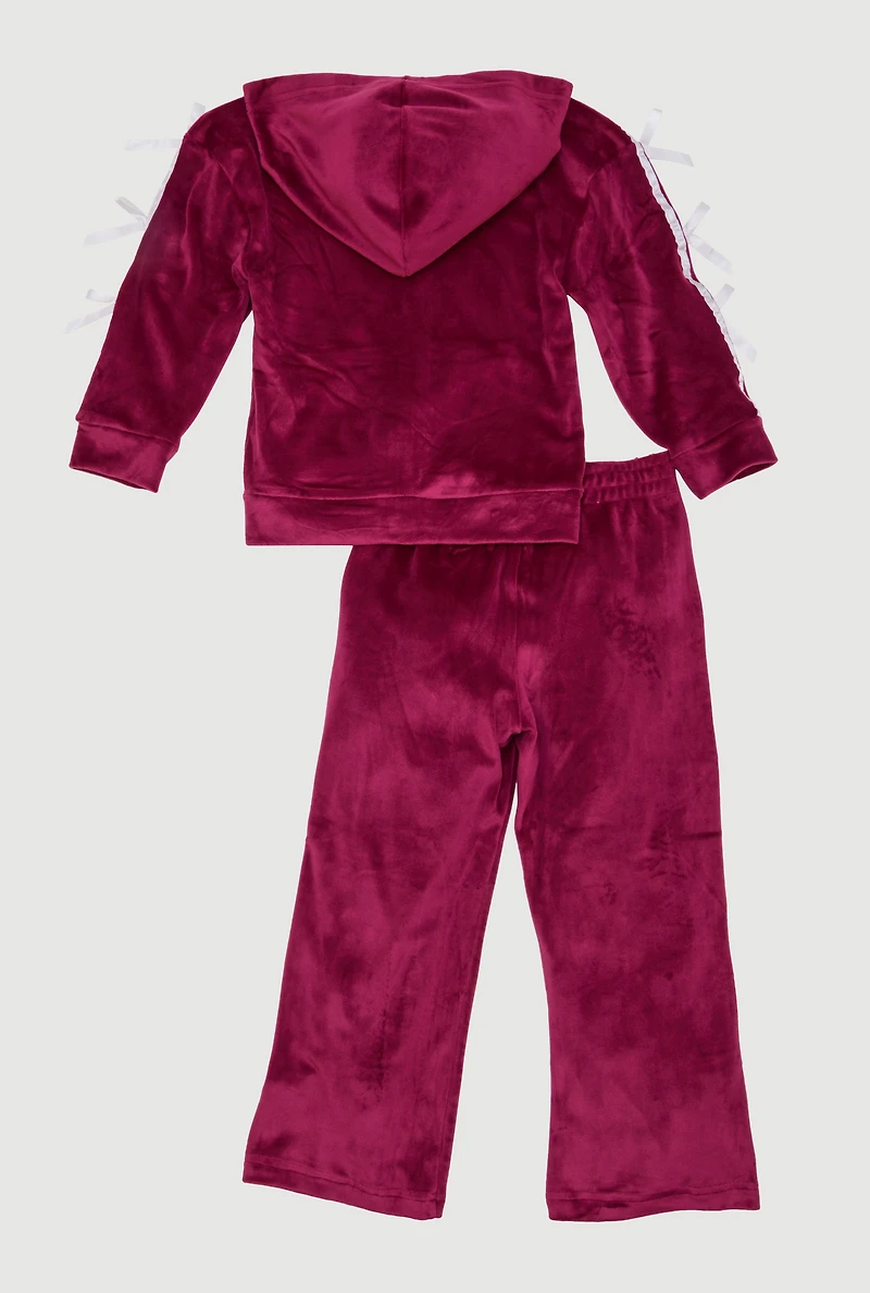 Little Girls Velour Bow Varsity Stripe Hoodie and Sweatpants