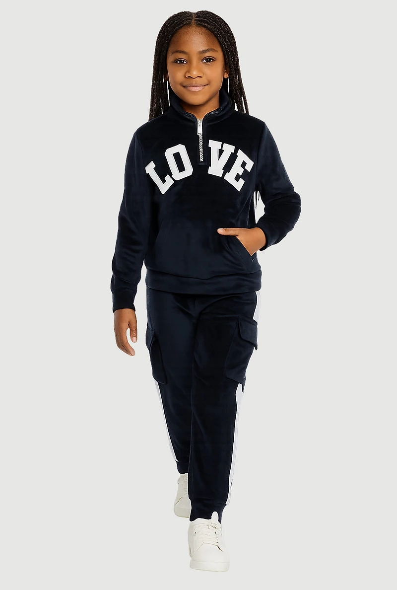 Little Girls Velour Love Graphic Sweatshirt and Cargo Joggers