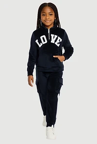 Little Girls Velour Love Graphic Sweatshirt and Cargo Joggers