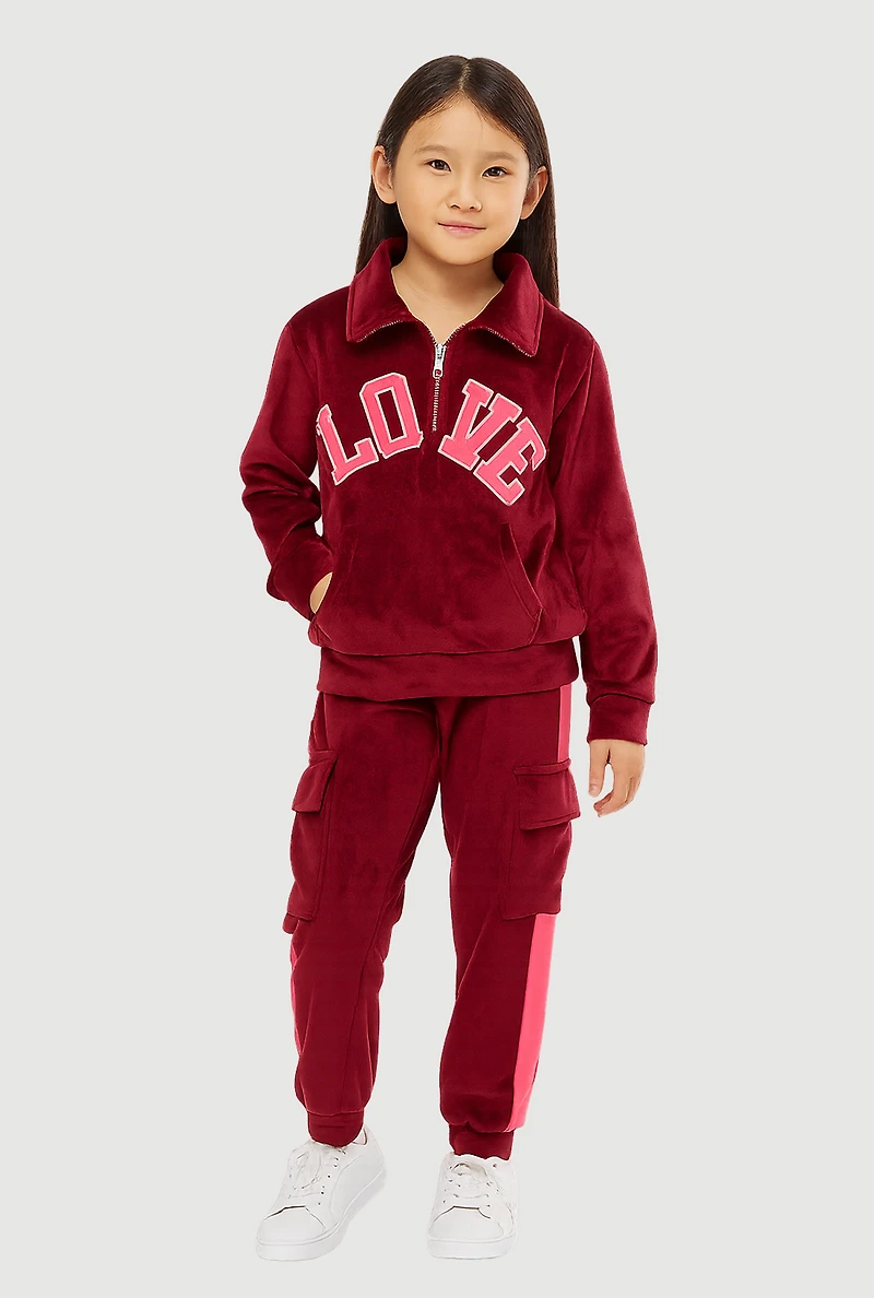 Little Girls Velour Love Graphic Sweatshirt and Cargo Joggers, Burgundy,