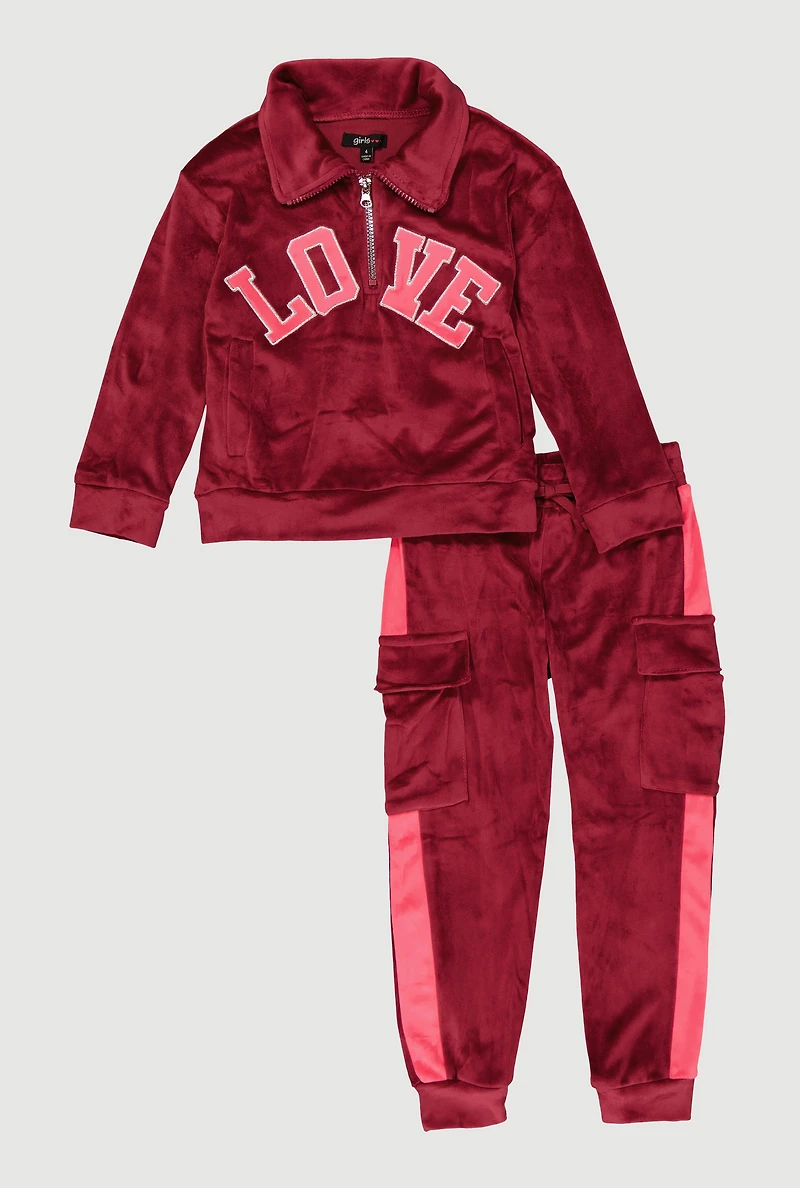 Little Girls Velour Love Graphic Sweatshirt and Cargo Joggers, Burgundy,