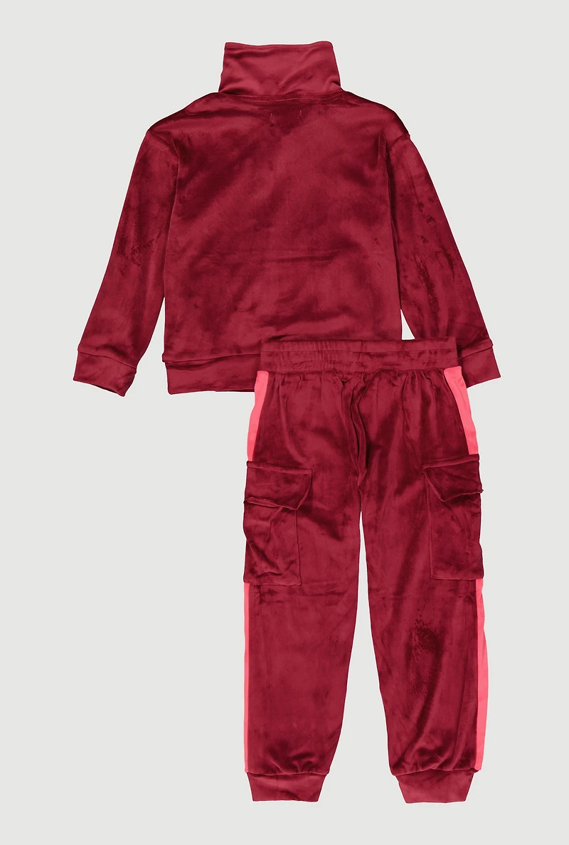 Little Girls Velour Love Graphic Sweatshirt and Cargo Joggers, Burgundy,