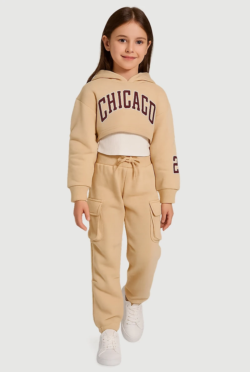 Little Girls Chicago Graphic Sweatshirt and Sweatpants with Tank Top, Beige, Size 5-6