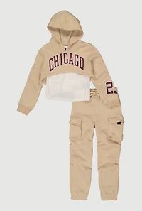 Little Girls Chicago Graphic Sweatshirt and Sweatpants with Tank Top, Beige, Size 5-6