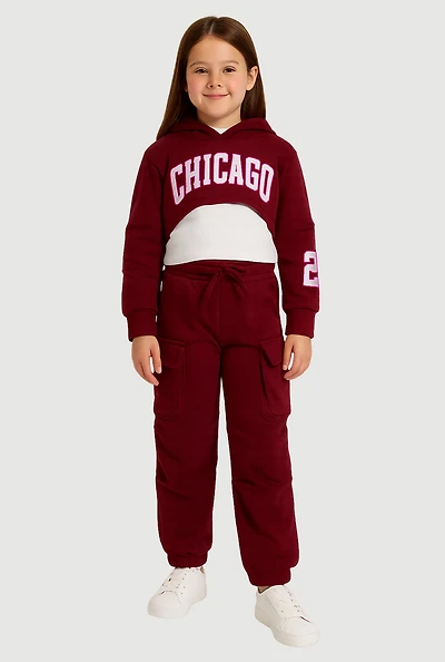 Little Girls Chicago Graphic Sweatshirt and Sweatpants with Tank Top, Burgundy,