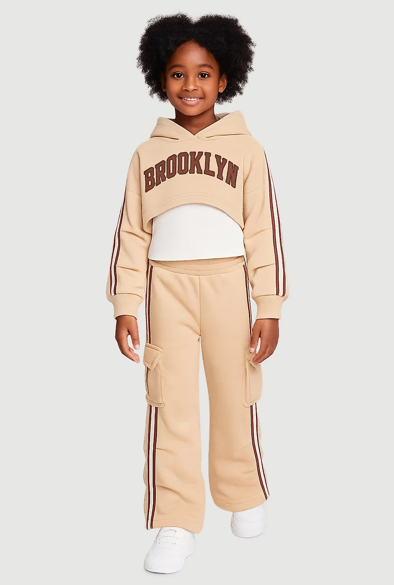 Little Girls Graphic Hoodie and Tank Top with Sweatpants, Beige, Size 6X