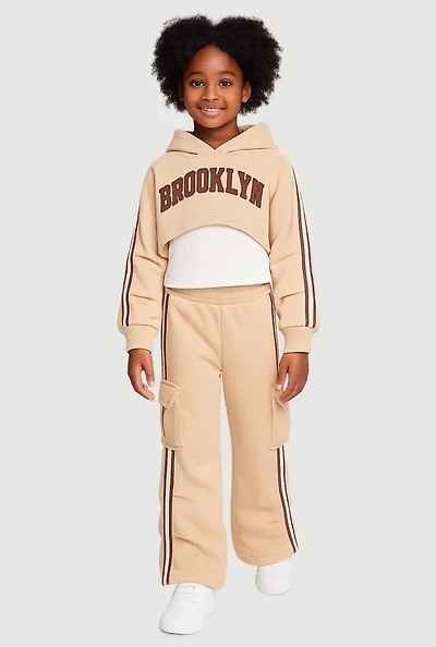 Little Girls Graphic Hoodie and Tank Top with Sweatpants, Beige, Size 6X