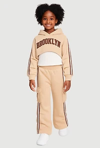 Little Girls Graphic Hoodie and Tank Top with Sweatpants, Beige, Size 6X