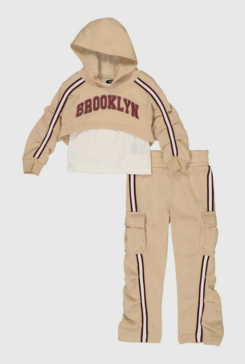 Little Girls Graphic Hoodie and Tank Top with Sweatpants, Beige, Size 6X