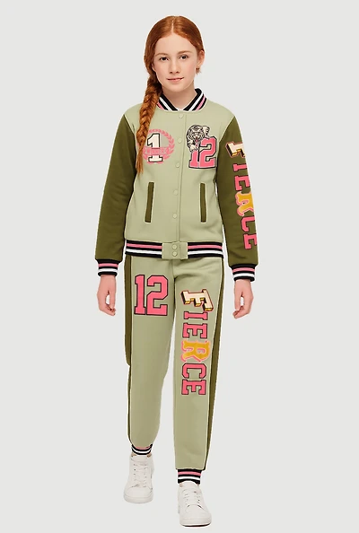 Girls Fleece Lined Color Blocked Fierce Graphic Varsity Jacket and Joggers, Green, Size 14-16