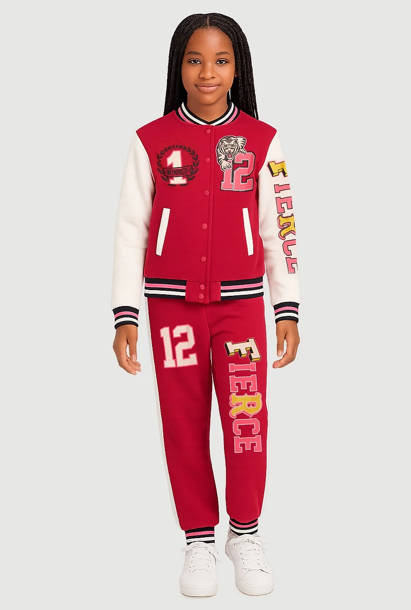 Girls Fleece Lined Color Blocked Fierce Graphic Varsity Jacket and Joggers