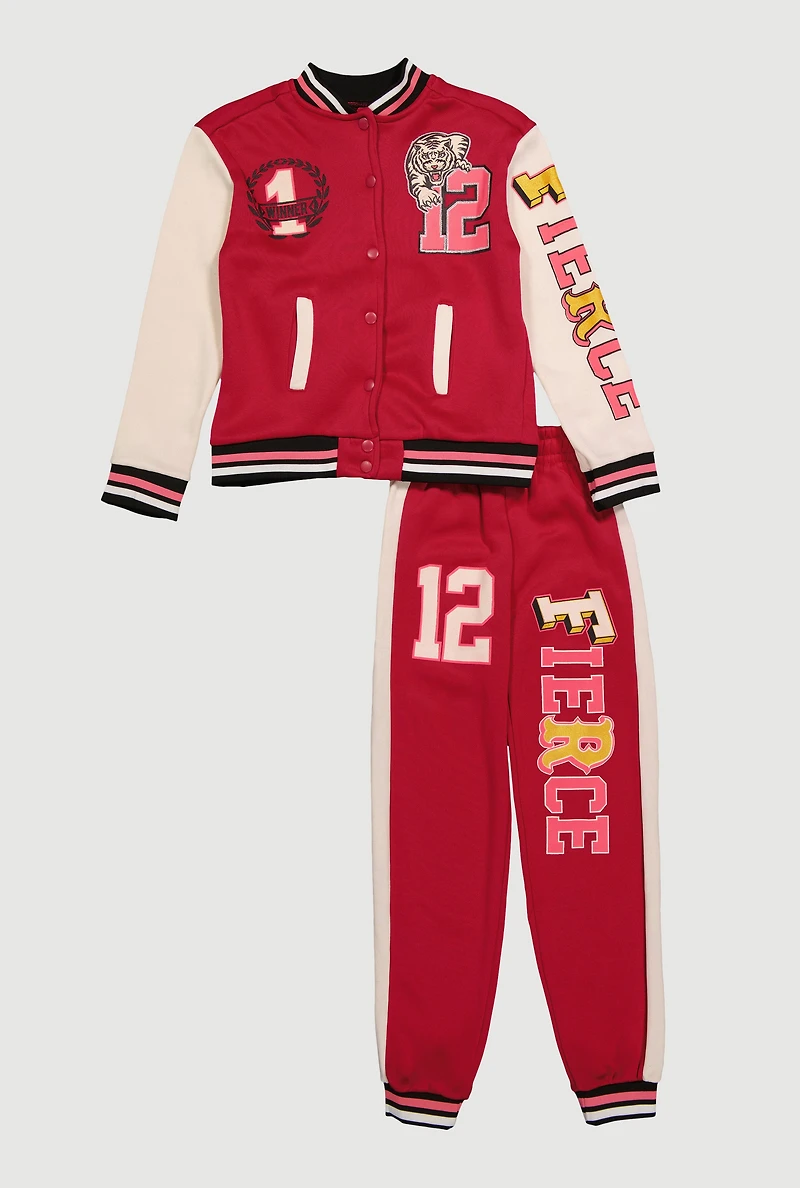 Girls Fleece Lined Color Blocked Fierce Graphic Varsity Jacket and Joggers, 7-8