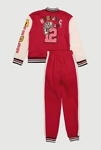 Girls Fleece Lined Color Blocked Fierce Graphic Varsity Jacket and Joggers, 7-8