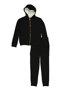 Girls Sherpa Lined Zip Front Hoodie and Cargo Joggers