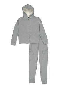 Girls Sherpa Lined Zip Front Hoodie and Cargo Joggers