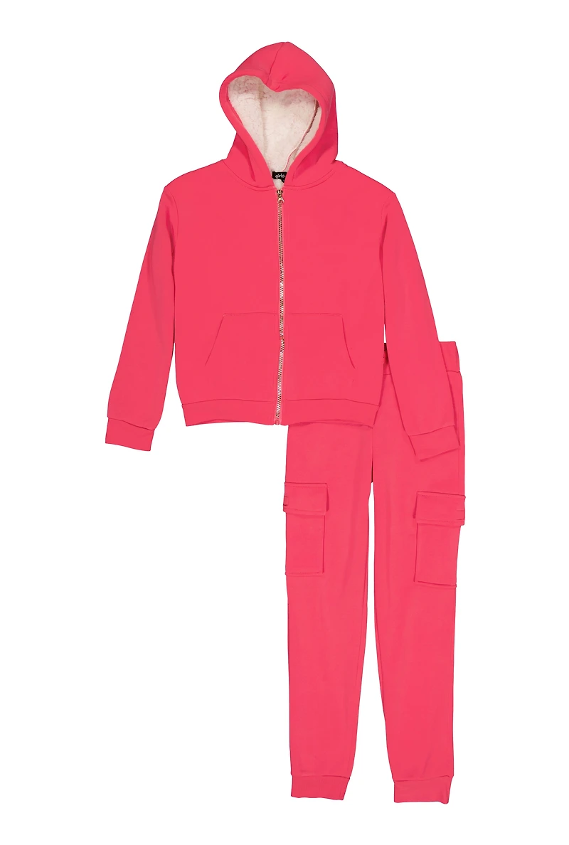 Girls Sherpa Lined Zip Front Hoodie and Cargo Joggers